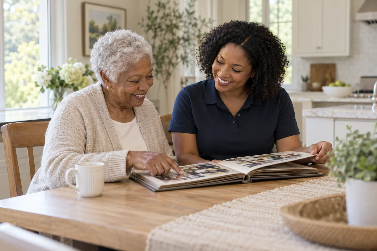 a senior and caregiver preparing for an outing