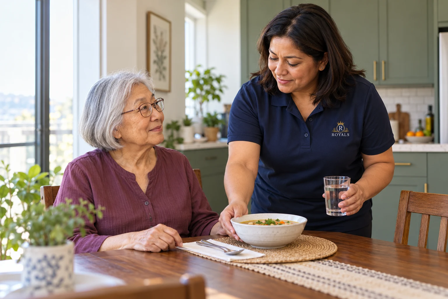 Caregiver bringing a meal to an older adult at a dining table