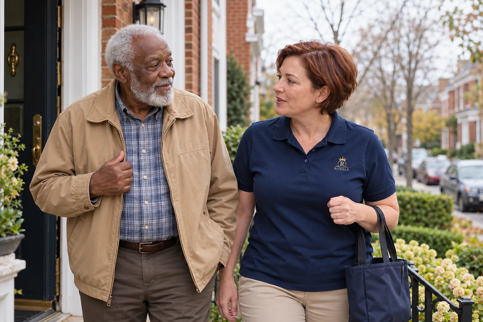Senior and caregiver preparing to leave a brick townhouse