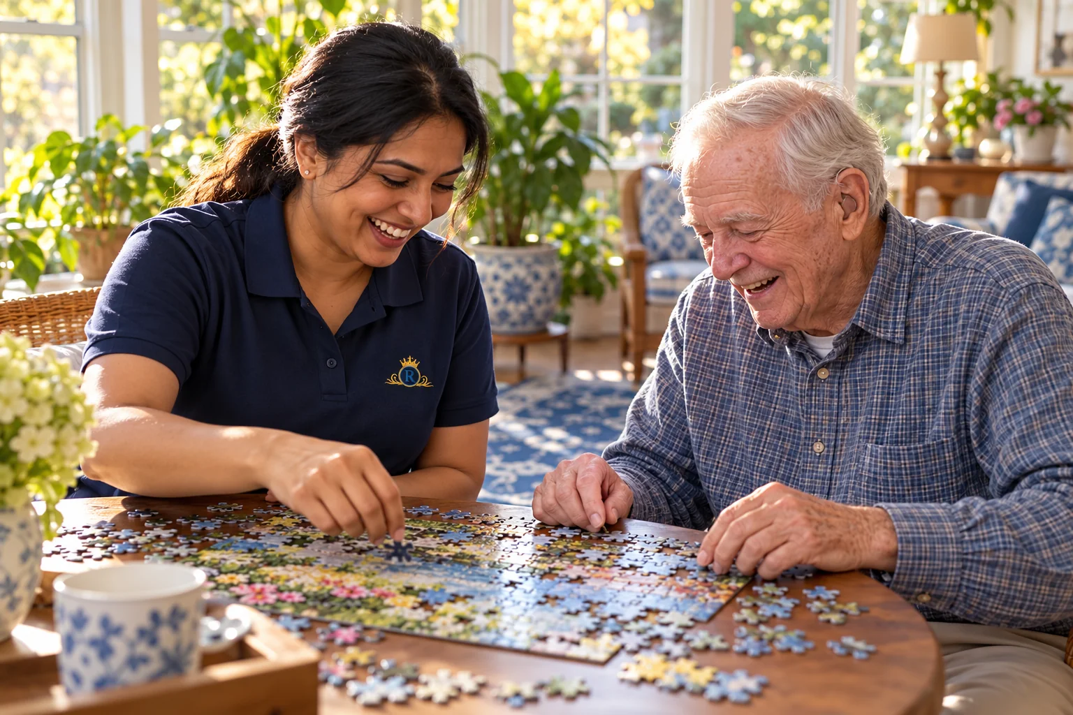 A caregiver and an older man enjoying a jigsaw puzzle in a bright sunroom