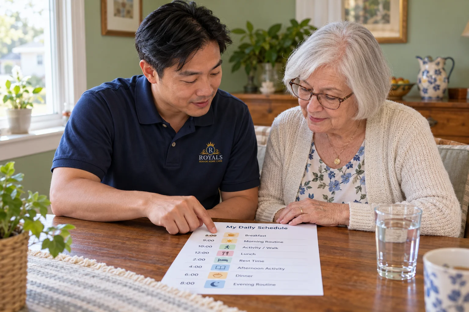 A caregiver and an older woman reviewing a daily schedule at a breakfast table
